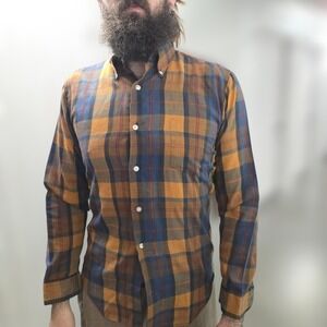 VTG 60s Mcgregor Plaid Button Up Shirt Men 15 L Orange Blu Scotset Dacron Cotton